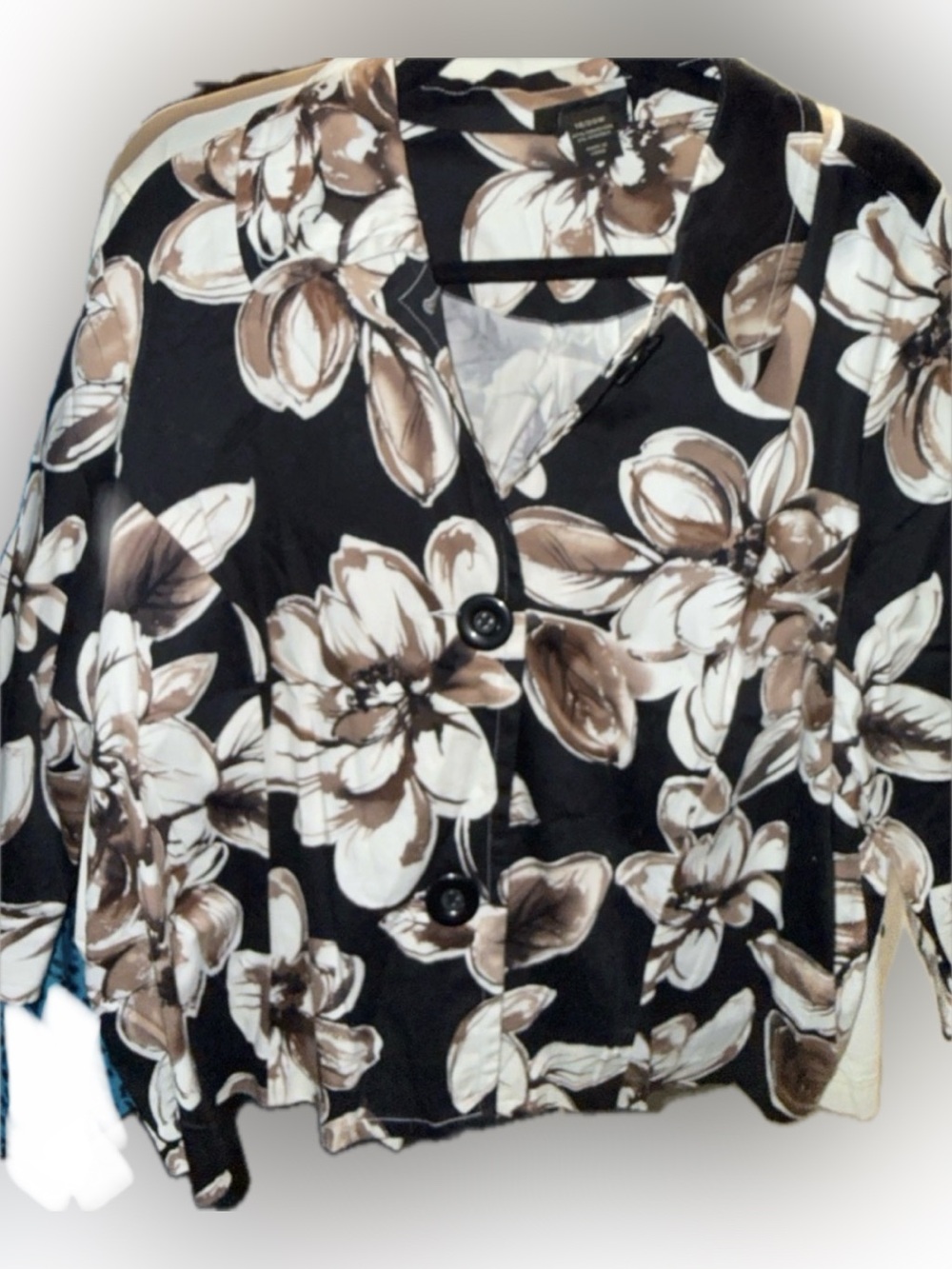 Lane Bryant Black Floral Button-Down Top with Brown and Cream Blooms